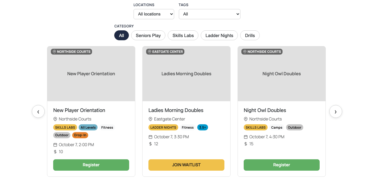 Events Carousel view: category buttons, location and tag filters, and three event cards with Register and Join waitlist buttons